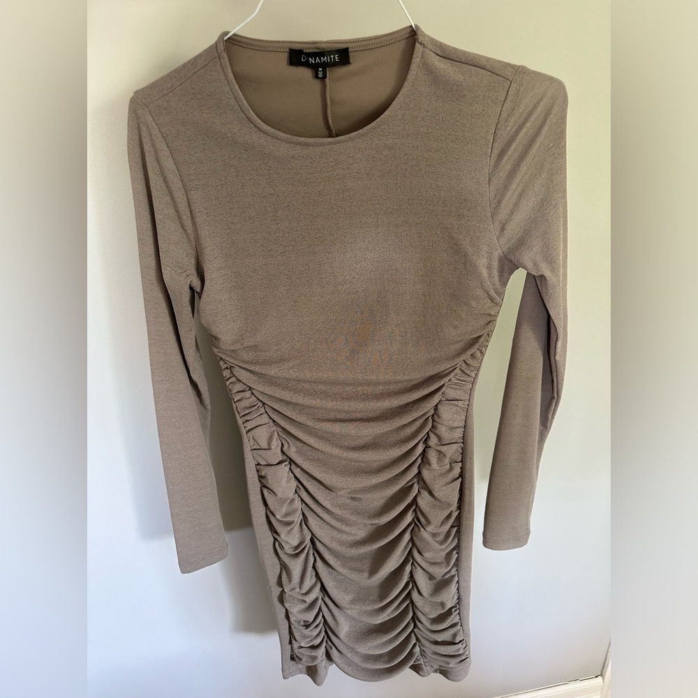Dynamite grey ruched knee length dress. Size medium.